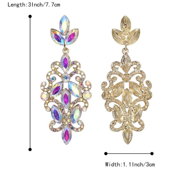 Yellow Gold with Iridescent AB Crystal Marquise Filigree Chandelier Earrings - Picture 5 of 5